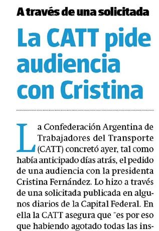 La CATT pide audiencia con Cristina