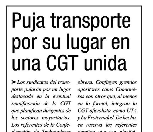 Puja transporte por su lugar en una CGT unida