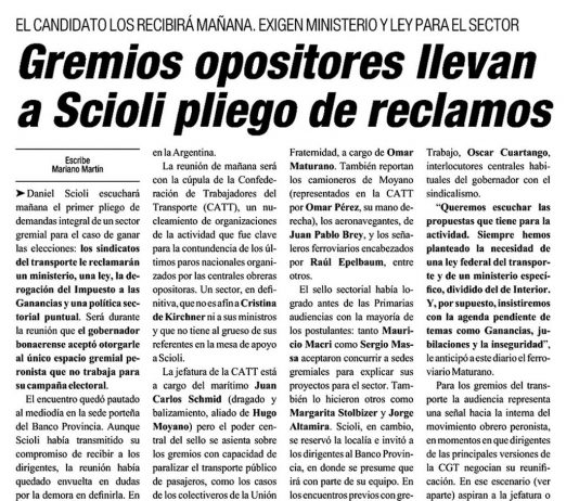 Gremios opositores llevan a Scioli pliego de reclamos