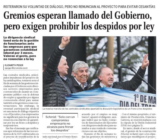 Gremios esperan el llamado del Gobierno, pero exigen prohibir los despidos por ley