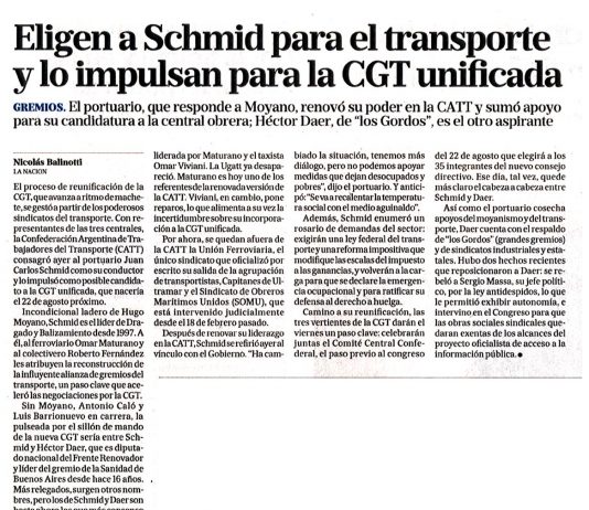 Eligen a Schmid para el transporte y lo impulsan para la CGT unificada