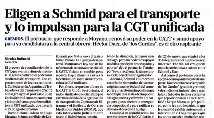 Eligen a Schmid para el transporte y lo impulsan para la CGT unificada